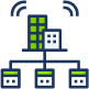 Flat illustration of a network of computers and a building